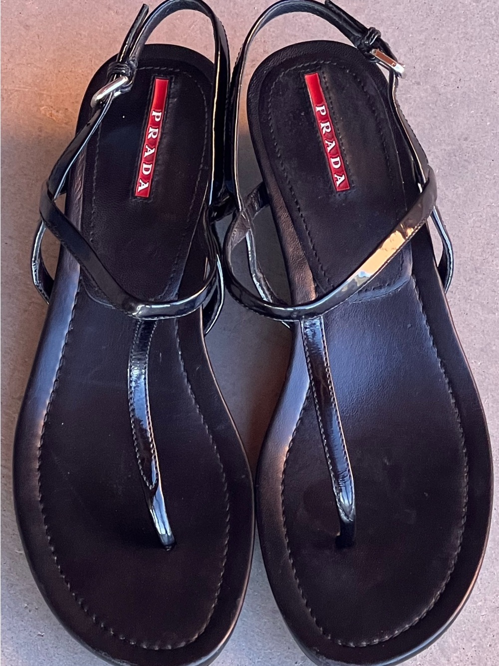 Prada Linea Rossa Black Patent Leather T-Strap Wedge Sandals Size 38.5 Italy - Picture 2 of 11